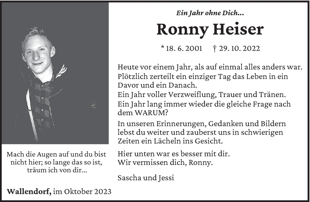  Traueranzeige für Ronny Heiser vom 28.10.2023 aus trierischer_volksfreund