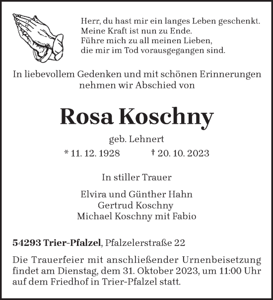 Traueranzeige von Rosa Koschny von trierischer_volksfreund