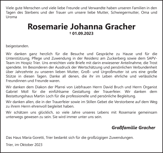 Traueranzeige von Rosemarie Johanna Gracher von trierischer_volksfreund