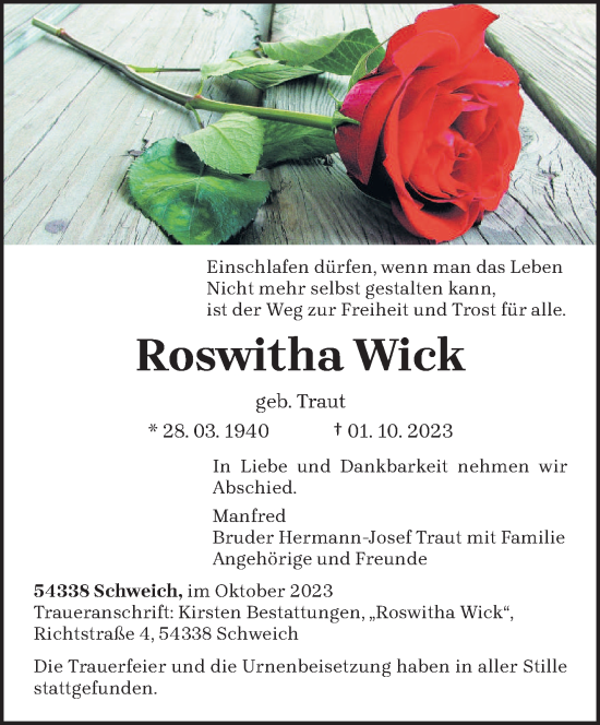 Traueranzeige von Roswitha Wick von trierischer_volksfreund