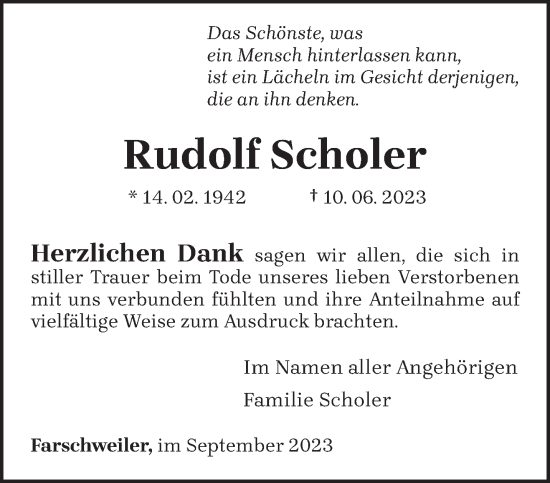 Traueranzeige von Rudolf Scholer von trierischer_volksfreund