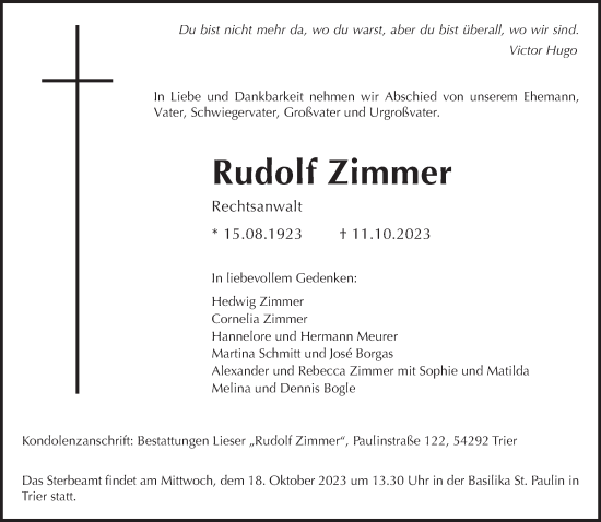 Traueranzeige von Rudolf Zimmer von trierischer_volksfreund
