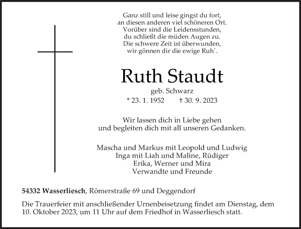  Traueranzeige für Ruth Staudt vom 05.10.2023 aus trierischer_volksfreund