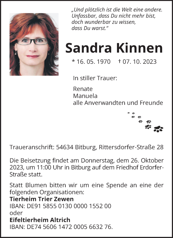  Traueranzeige für Sandra Kinnen vom 21.10.2023 aus trierischer_volksfreund