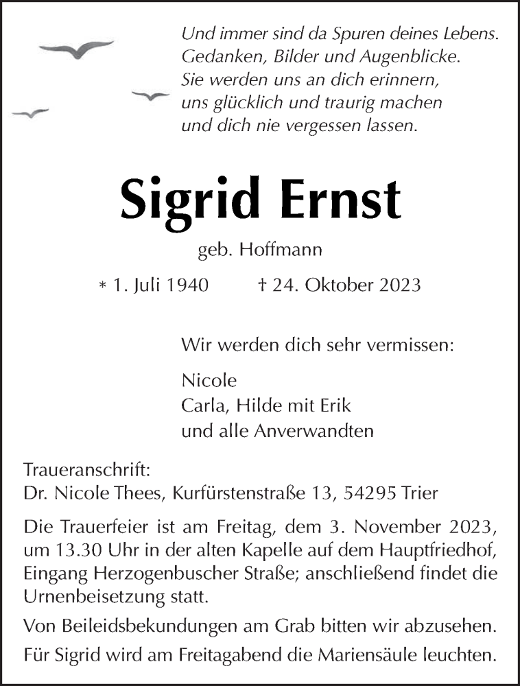  Traueranzeige für Sigrid Ernst vom 28.10.2023 aus trierischer_volksfreund