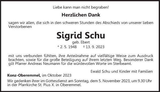 Traueranzeige von Sigrid Schu von trierischer_volksfreund
