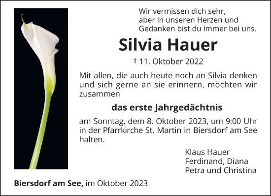 Traueranzeige von Silvia Hauer von trierischer_volksfreund