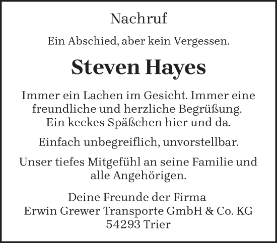 Traueranzeige von Steven Renea Hayes von trierischer_volksfreund