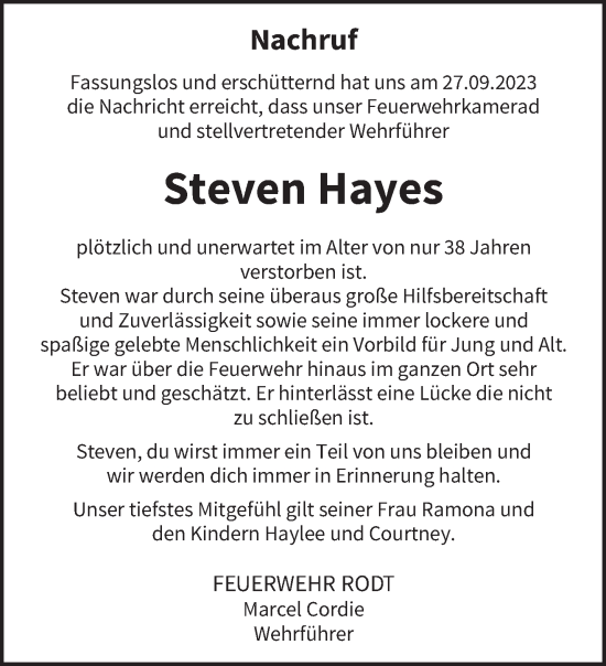 Traueranzeige von Steven Renea Hayes von trierischer_volksfreund