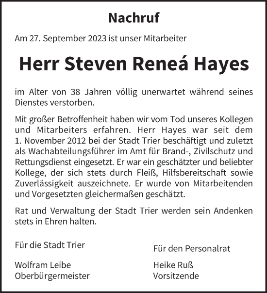 Traueranzeige von Steven Renea Hayes von trierischer_volksfreund