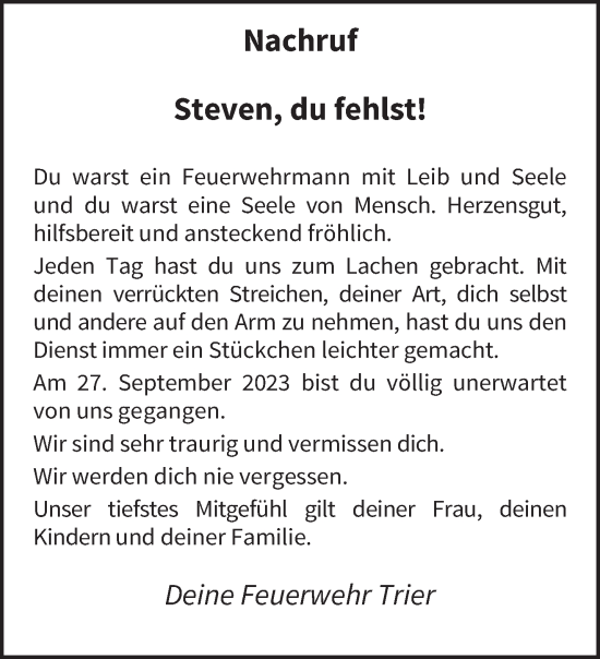 Traueranzeige von Steven Renea Hayes von trierischer_volksfreund