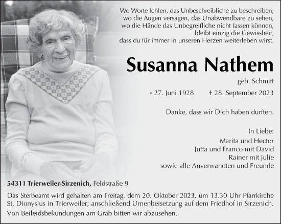 Traueranzeige von Susanna Nathem von trierischer_volksfreund