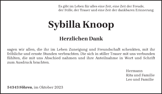 Traueranzeige von Sybilla Knoop von trierischer_volksfreund