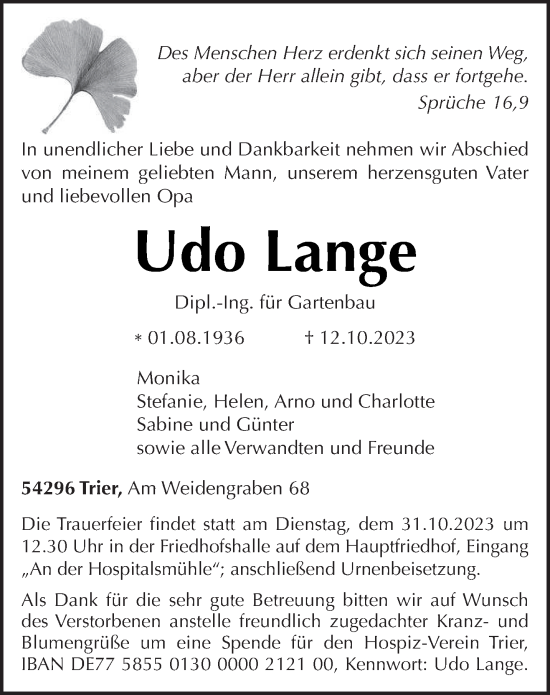 Traueranzeige von Udo Lange von trierischer_volksfreund