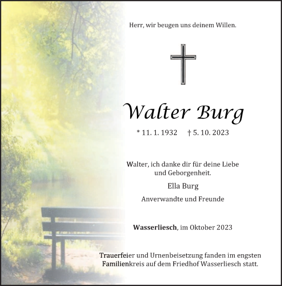 Traueranzeige von Walter Burg von trierischer_volksfreund