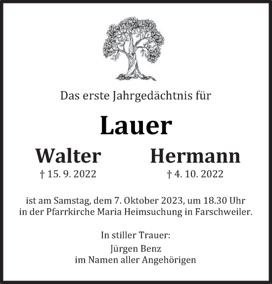 Traueranzeige von Walter und Hermann Lauer von trierischer_volksfreund