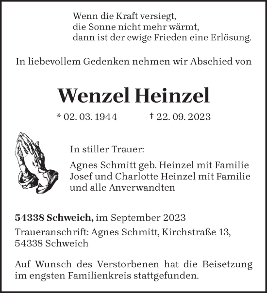 Traueranzeige von Wenzel Heinzel von trierischer_volksfreund