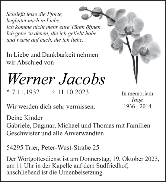 Traueranzeige von Werner Jacobs von trierischer_volksfreund