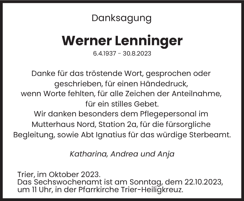  Traueranzeige für Werner Lenninger vom 14.10.2023 aus trierischer_volksfreund