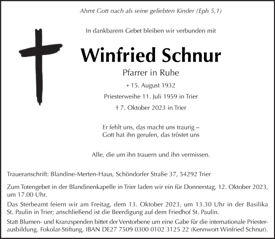 Traueranzeige von Winfried Schnur von trierischer_volksfreund