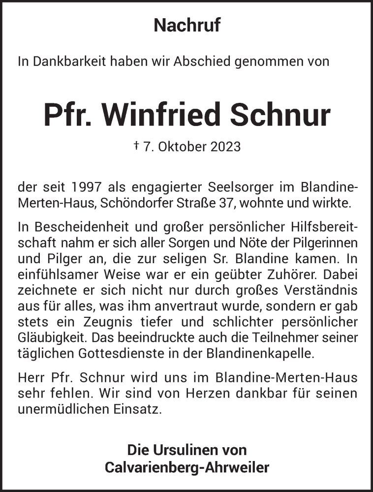  Traueranzeige für Winfried Schnur vom 25.10.2023 aus trierischer_volksfreund
