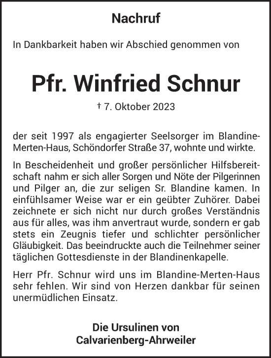 Traueranzeige von Winfried Schnur von trierischer_volksfreund