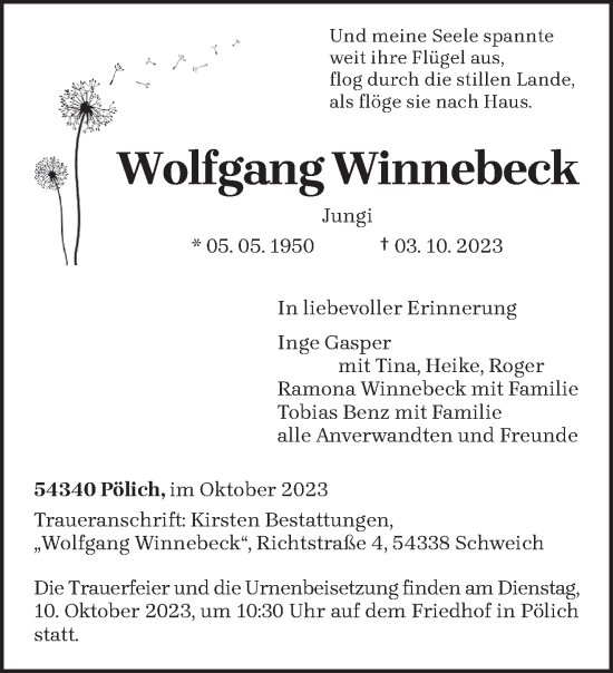 Traueranzeige von Wolfgang Winnebeck von trierischer_volksfreund