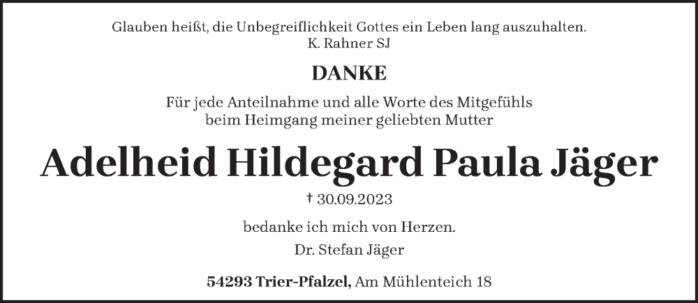  Traueranzeige für Adelheid Hildegard Paula Jäger vom 17.11.2023 aus trierischer_volksfreund