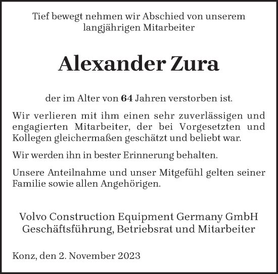 Traueranzeige von Alexander Zura von trierischer_volksfreund