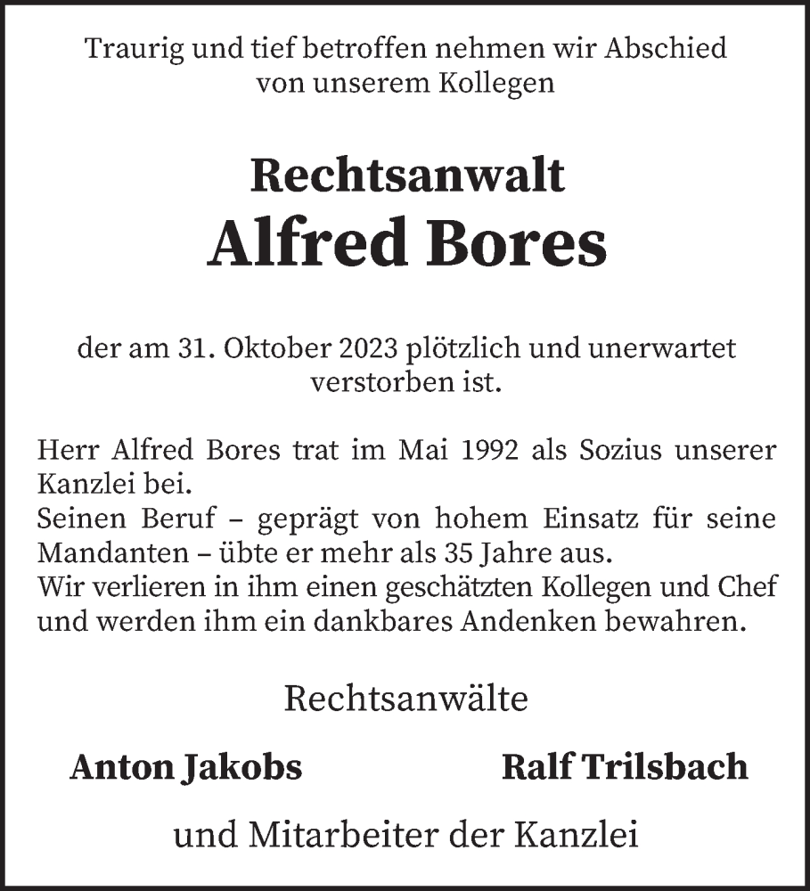  Traueranzeige für Alfred Bores vom 08.11.2023 aus trierischer_volksfreund