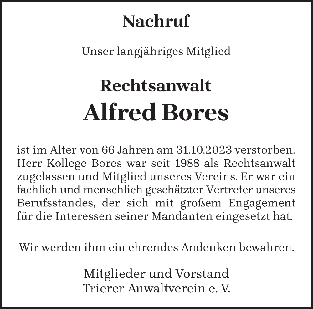  Traueranzeige für Alfred Bores vom 08.11.2023 aus trierischer_volksfreund