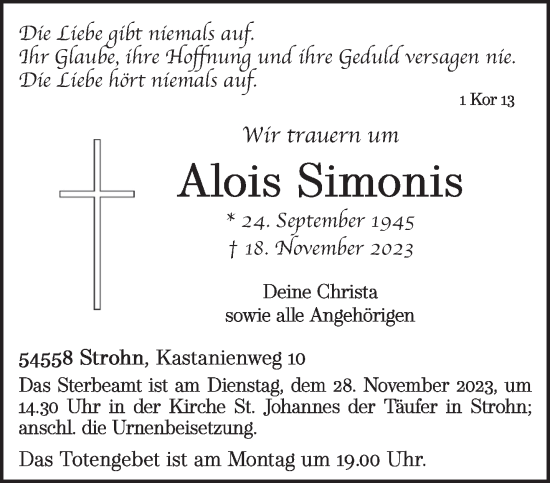 Traueranzeige von Alois Simonis von trierischer_volksfreund