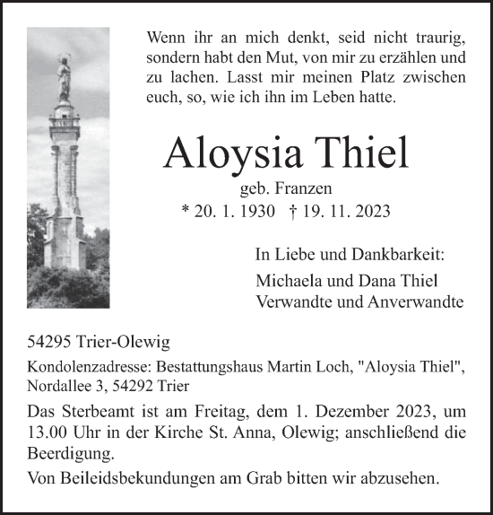 Traueranzeige von Aloysia Thiel von trierischer_volksfreund