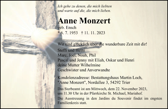 Traueranzeige von Anne Monzert von trierischer_volksfreund