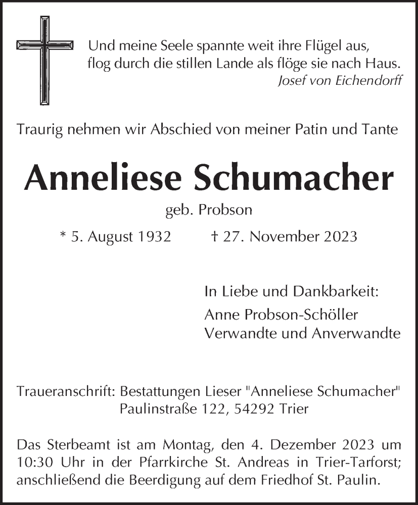  Traueranzeige für Anneliese Schumacher vom 29.11.2023 aus trierischer_volksfreund