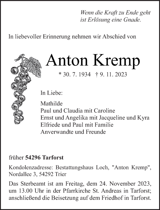 Traueranzeige von Anton Kremp von trierischer_volksfreund