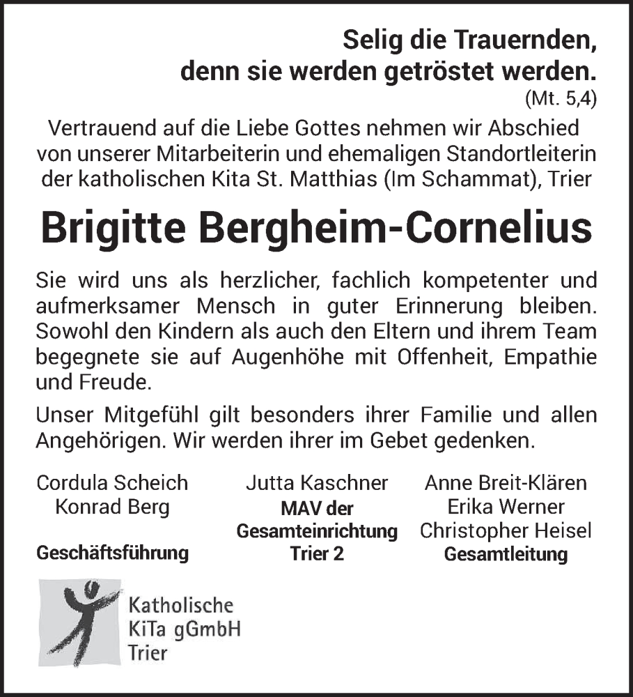  Traueranzeige für Brigitte Bergheim-Cornelius vom 25.11.2023 aus trierischer_volksfreund