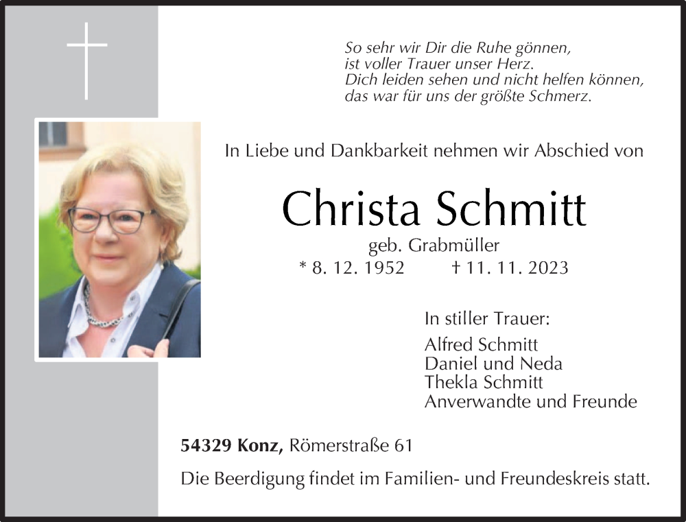  Traueranzeige für Christa Schmitt vom 18.11.2023 aus trierischer_volksfreund