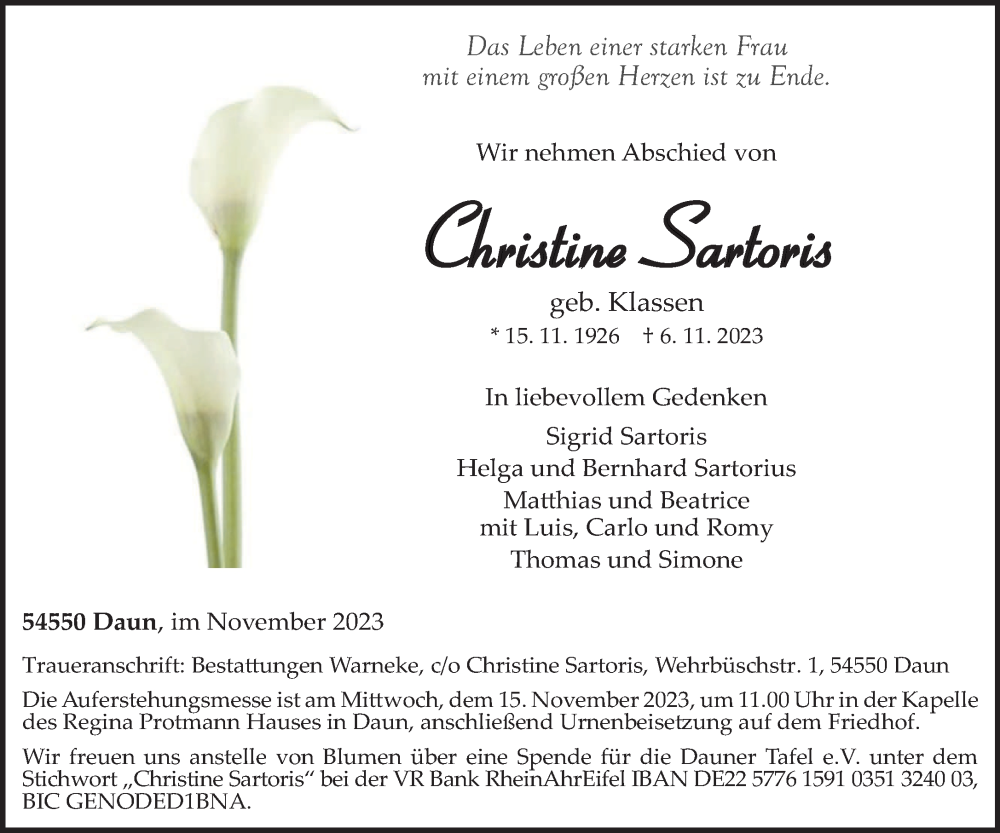  Traueranzeige für Christine Sartoris vom 11.11.2023 aus trierischer_volksfreund