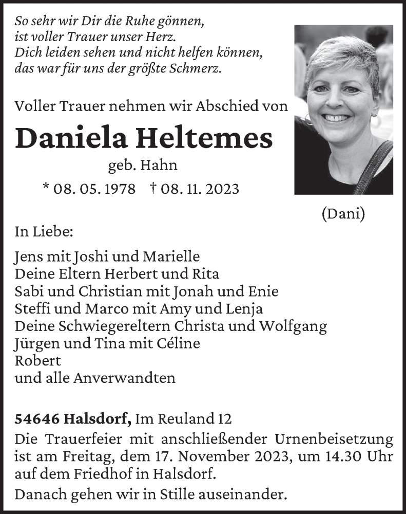 Traueranzeige für Daniela Heltemes vom 11.11.2023 aus trierischer_volksfreund