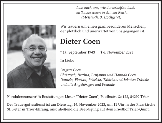 Traueranzeige von Dieter Coen von trierischer_volksfreund