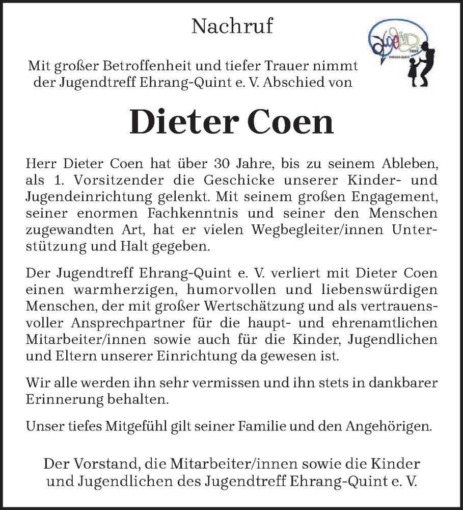  Traueranzeige für Dieter Coen vom 18.11.2023 aus trierischer_volksfreund