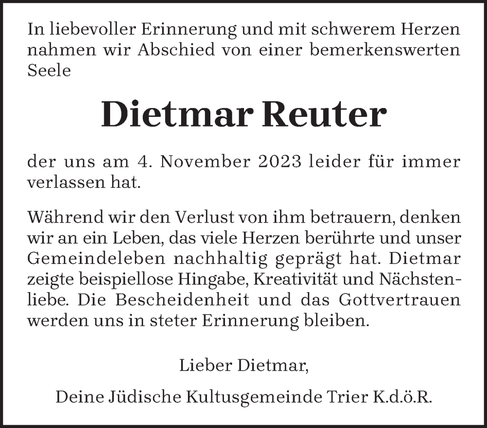  Traueranzeige für Dietmar Reuter vom 28.11.2023 aus trierischer_volksfreund
