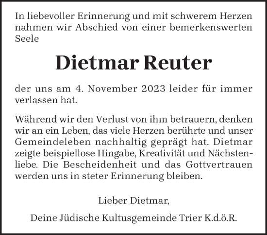 Traueranzeige von Dietmar Reuter von trierischer_volksfreund