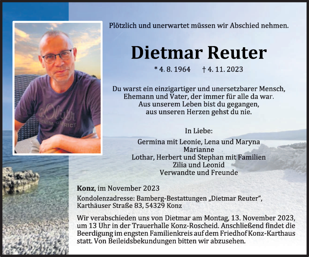  Traueranzeige für Dietmar Reuter vom 10.11.2023 aus trierischer_volksfreund