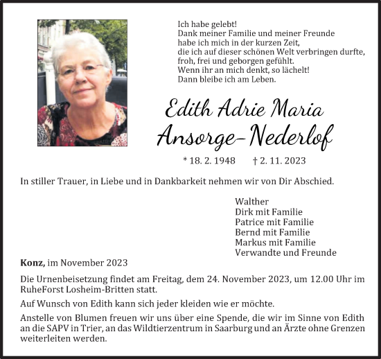 Traueranzeige von Edith Adrie Maria Ansorge-Nederlof von trierischer_volksfreund