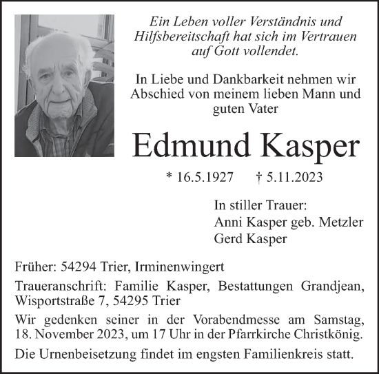 Traueranzeige von Edmund Kasper von trierischer_volksfreund