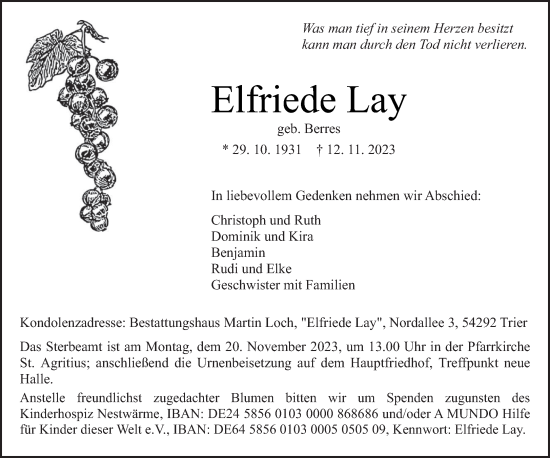 Traueranzeige von Elfriede Lay von trierischer_volksfreund