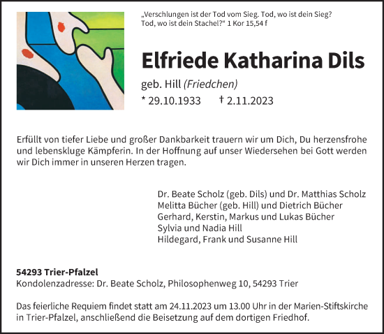 Traueranzeige von Elfriede Katharina Dils von trierischer_volksfreund