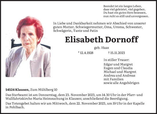 Traueranzeige von Elisabeth Dornoff von trierischer_volksfreund